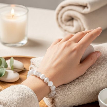 Hand wearing a Selenite cleansing bracelet in a soft spa setting with towels, a lit candle, and smooth stones on a wooden surface. — for Carpe Diem Dream