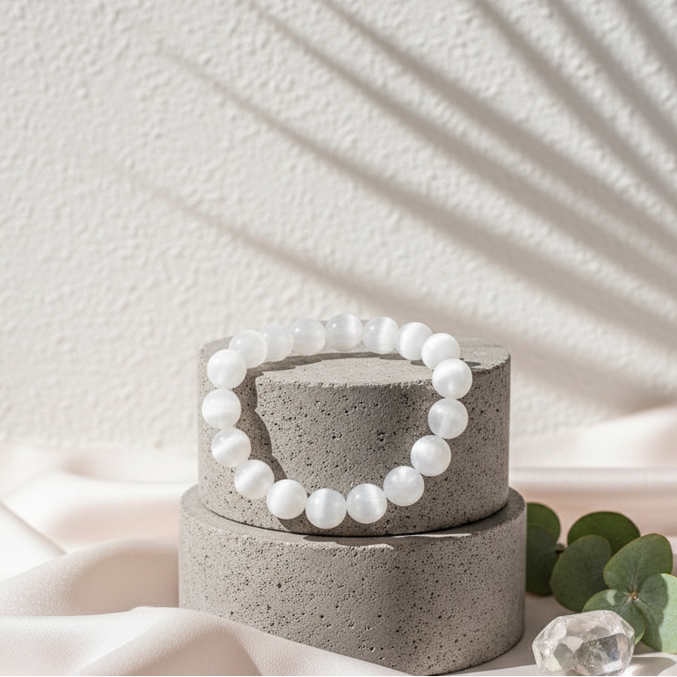 Selenite cleansing bracelet displayed on stacked stone pedestals with soft shadows and eucalyptus accents against a textured white backdrop. — for Carpe Diem Dream
