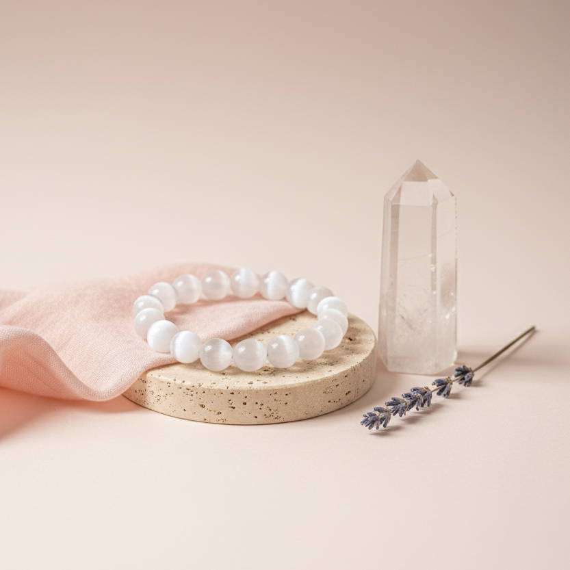 Selenite cleansing bracelet displayed on a stone pedestal with soft pink fabric, a clear quartz point, and lavender sprigs against a blush backdrop. — for Carpe Diem Dream