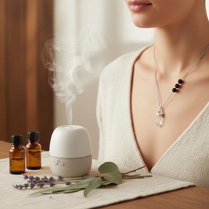 A clear crystal pendant necklace with black lava stone beads worn on a silver chain beside a steaming essential oil diffuser and amber oil bottles. — for Carpe Diem Dream
