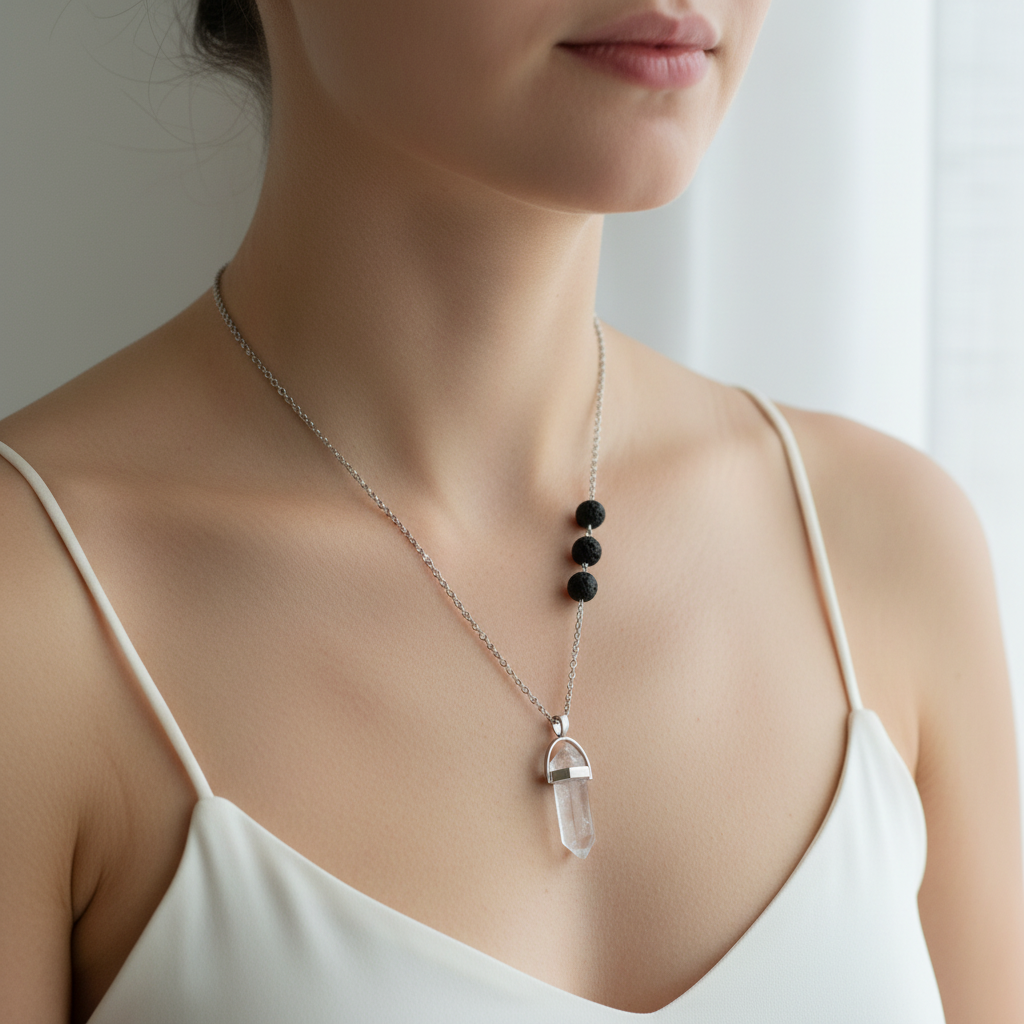 A clear crystal pendant necklace with three black lava stone beads worn on a silver chain against a soft neutral background. — for Carpe Diem Dream