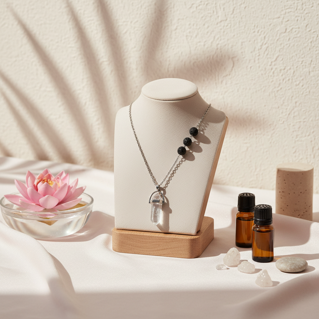 A clear crystal pendant necklace with black lava stone beads displayed on a jewelry stand beside amber essential oil bottles and a pink lotus flower bowl on a textured linen surface. — for Carpe Diem Dream