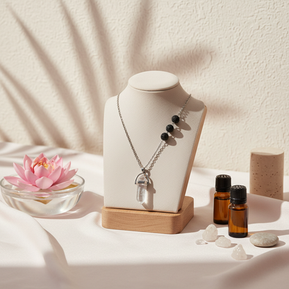 A clear crystal pendant necklace with black lava stone beads displayed on a jewelry stand beside amber essential oil bottles and a pink lotus flower bowl on a textured linen surface. — for Carpe Diem Dream