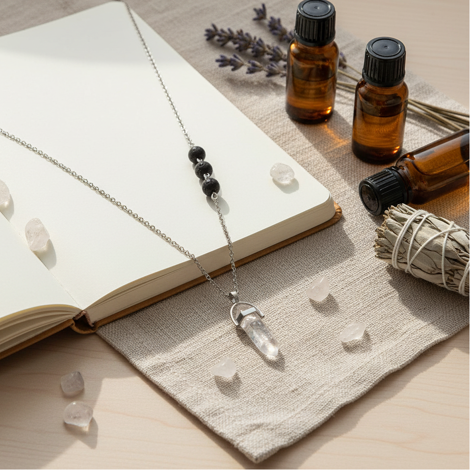 A clear crystal pendant necklace with black lava stone beads displayed on an open journal beside amber essential oil bottles, white sage, and small clear quartz stones. — for Carpe Diem Dream