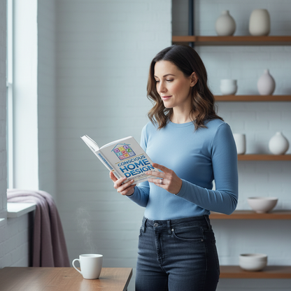 Woman reading the Conscious Home Design hardcover book in a bright home environment with natural light. — for Carpe Diem Dream