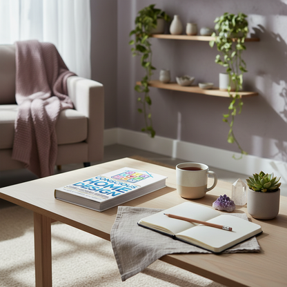 Conscious Home Design hardcover book displayed on a coffee table in a peaceful living room with natural light and thoughtful décor. — for Carpe Diem Dream