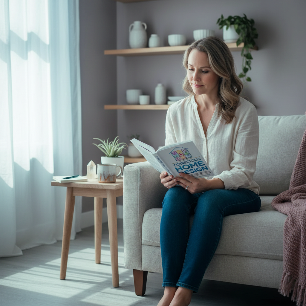 Woman reading the Conscious Home Design hardcover book in a bright and comfortable living space. — for Carpe Diem Dream