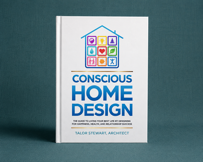 Conscious Home Design hardcover book standing upright on a teal textured background with the cover fully visible. — for Carpe Diem Dream