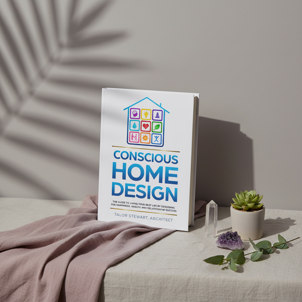 Conscious Home Design hardcover book displayed on a linen-covered table with botanical accents and soft natural light. — for Carpe Diem Dream