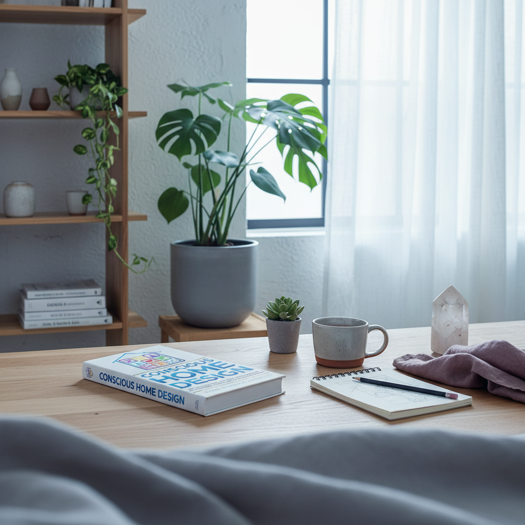 Conscious Home Design hardcover book displayed in a bright living space with natural light, greenery, and thoughtful home décor. — for Carpe Diem Dream