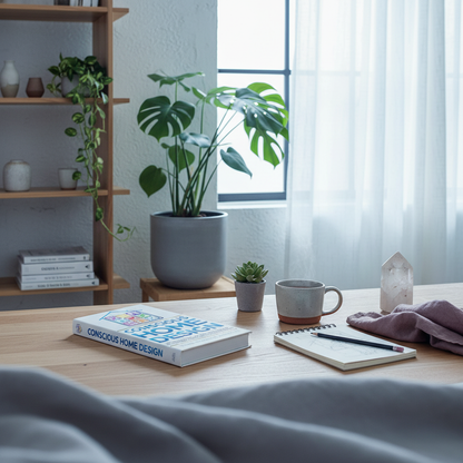 Conscious Home Design hardcover book displayed in a bright living space with natural light, greenery, and thoughtful home décor. — for Carpe Diem Dream