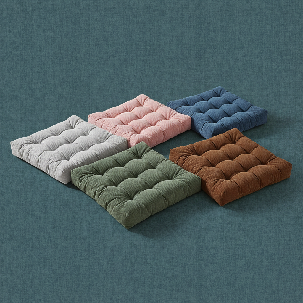 Multiple corduroy floor cushions in different colors including gray, pink, blue, green, and brown displayed on a muted teal background. — for Carpe Diem Dream