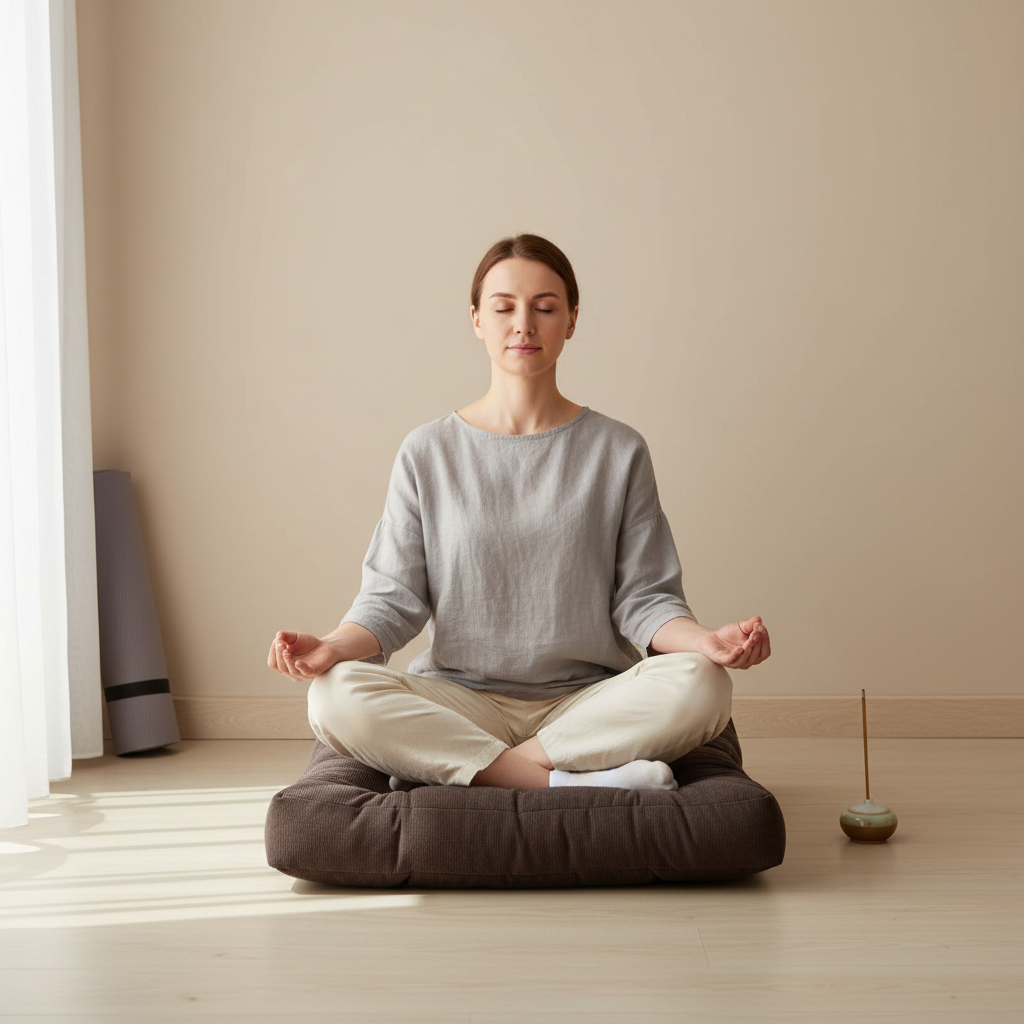 A woman sitting cross-legged in meditation on a thick corduroy floor cushion in a calm neutral room with soft natural light. — for Carpe Diem Dream
