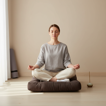 A woman sitting cross-legged in meditation on a thick corduroy floor cushion in a calm neutral room with soft natural light. — for Carpe Diem Dream