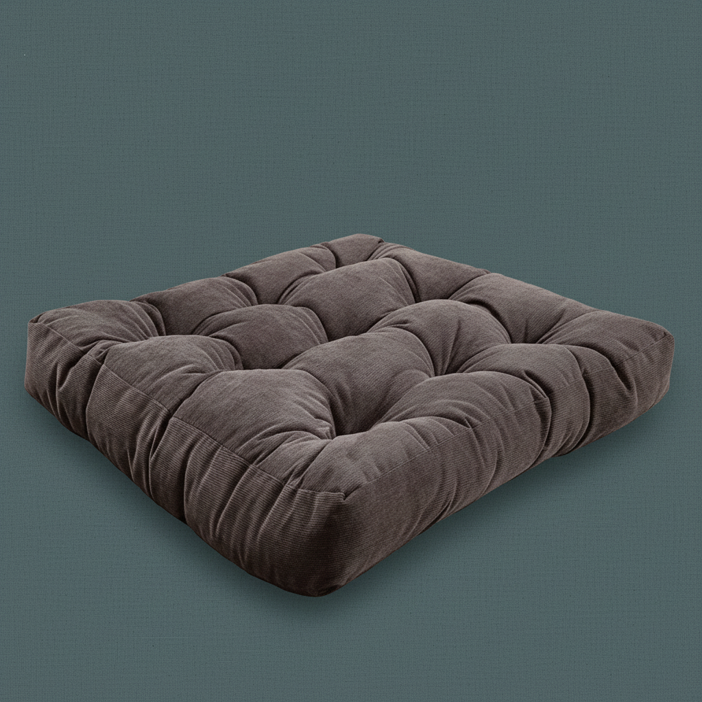 A thick corduroy floor cushion in a square tufted design shown in a rich brown tone on a muted teal background. — for Carpe Diem Dream
