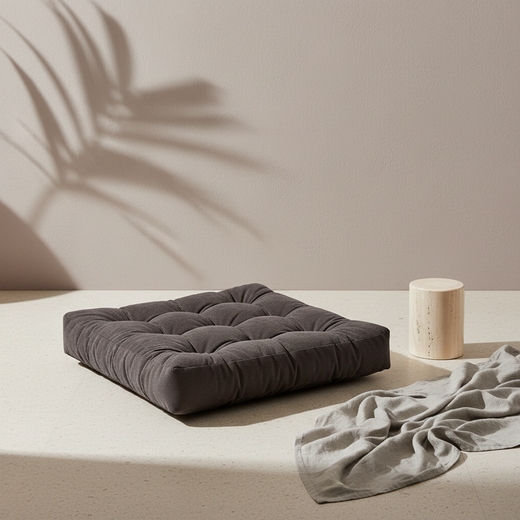 A thick corduroy floor cushion in a square tufted design placed on a soft neutral surface with a draped cloth, a wooden cylinder, and a botanical shadow cast on the wall. — for Carpe Diem Dream