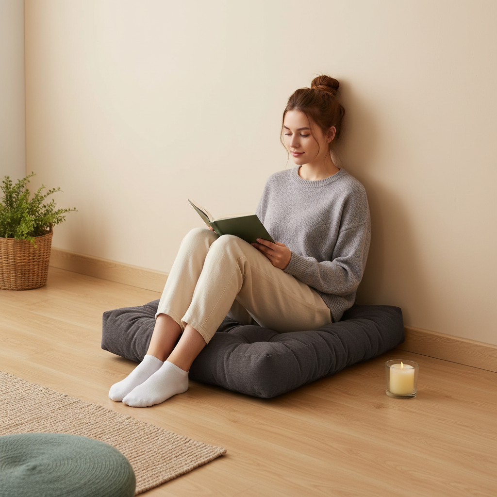 A woman sitting on a corduroy floor cushion reading a book in a calm neutral room with soft lighting and minimal decor. — for Carpe Diem Dream
