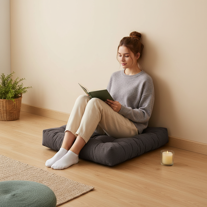 A woman sitting on a corduroy floor cushion reading a book in a calm neutral room with soft lighting and minimal decor. — for Carpe Diem Dream