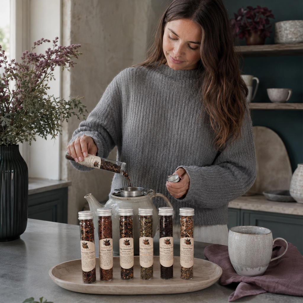 Woman pouring loose tea from a Cozy Winter Tea Sampler tube into a teapot in a cool-toned kitchen with labeled tea tubes and mauve accents. — for Carpe Diem Dream