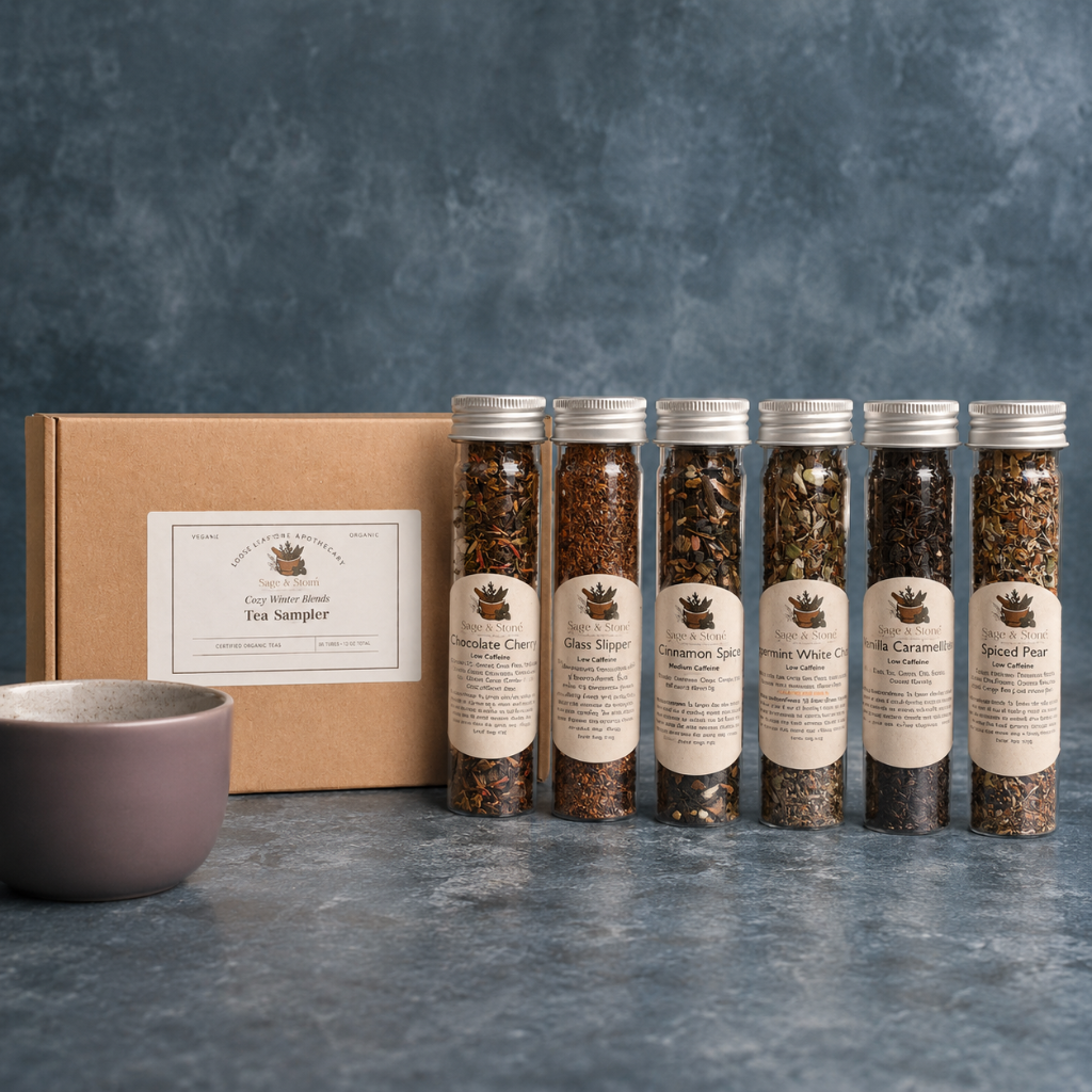 Cozy Winter Tea Sampler box with six labeled tea tubes photographed on a cool blue-gray stone surface with a muted mauve cup. — for Carpe Diem Dream