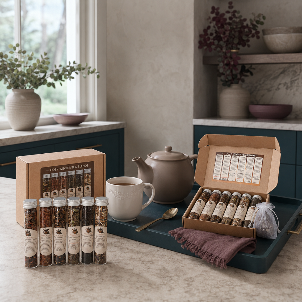 Cozy Winter Tea Sampler styled in a refined wellness kitchen tea station with labeled tea tubes, open box, teapot, mug, and dark teal accents. — for Carpe Diem Dream