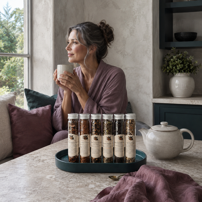 Woman enjoying Cozy Winter Tea Sampler in a calm window-side tea nook with labeled tea tubes, teapot, mauve textiles, and dark teal accents. — for Carpe Diem Dream