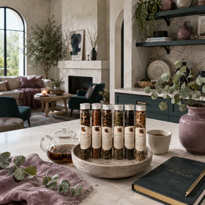 Cozy Winter Tea Sampler arranged on a stone tray in an elevated kitchen and living space with tea, mauve linen, and dark teal accents. — for Carpe Diem Dream