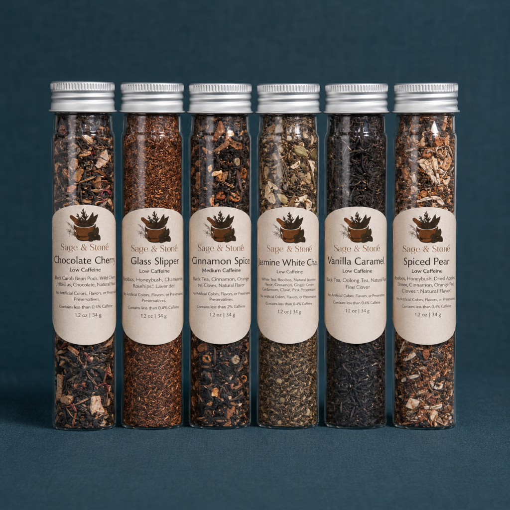 Cozy Winter Tea Sampler tubes with labeled seasonal tea blends on a dark teal linen backdrop. — for Carpe Diem Dream