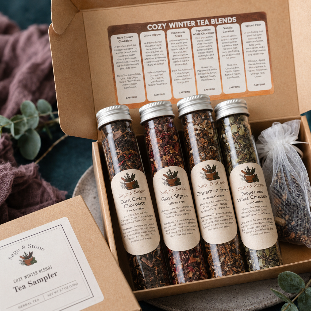 Cozy Winter Tea Sampler box with labeled tea tubes, blend guide, kraft packaging, and drawstring tea bag on a dark teal and mauve styled surface. — for Carpe Diem Dream