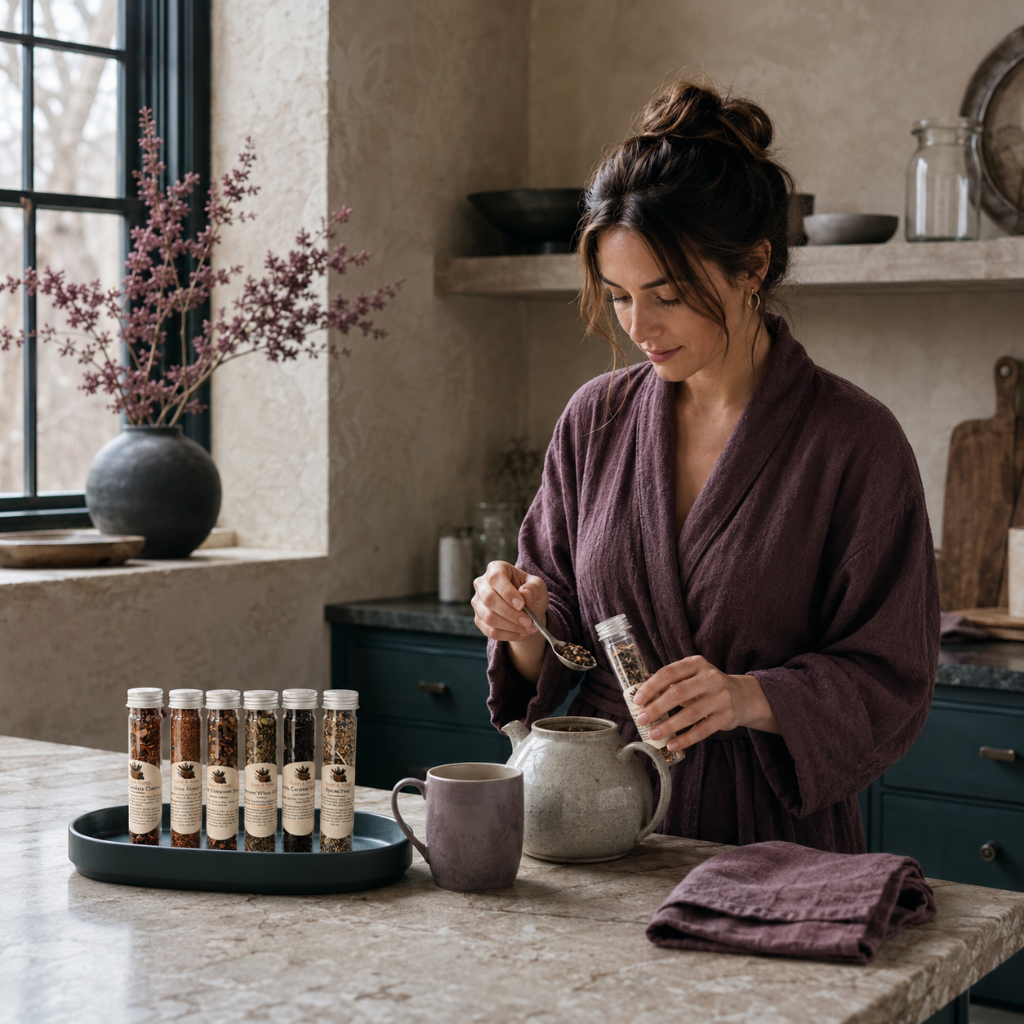 Woman preparing Cozy Winter Tea Sampler loose tea in a refined wellness kitchen with labeled tea tubes, teapot, mug, and dark teal accents. — for Carpe Diem Dream