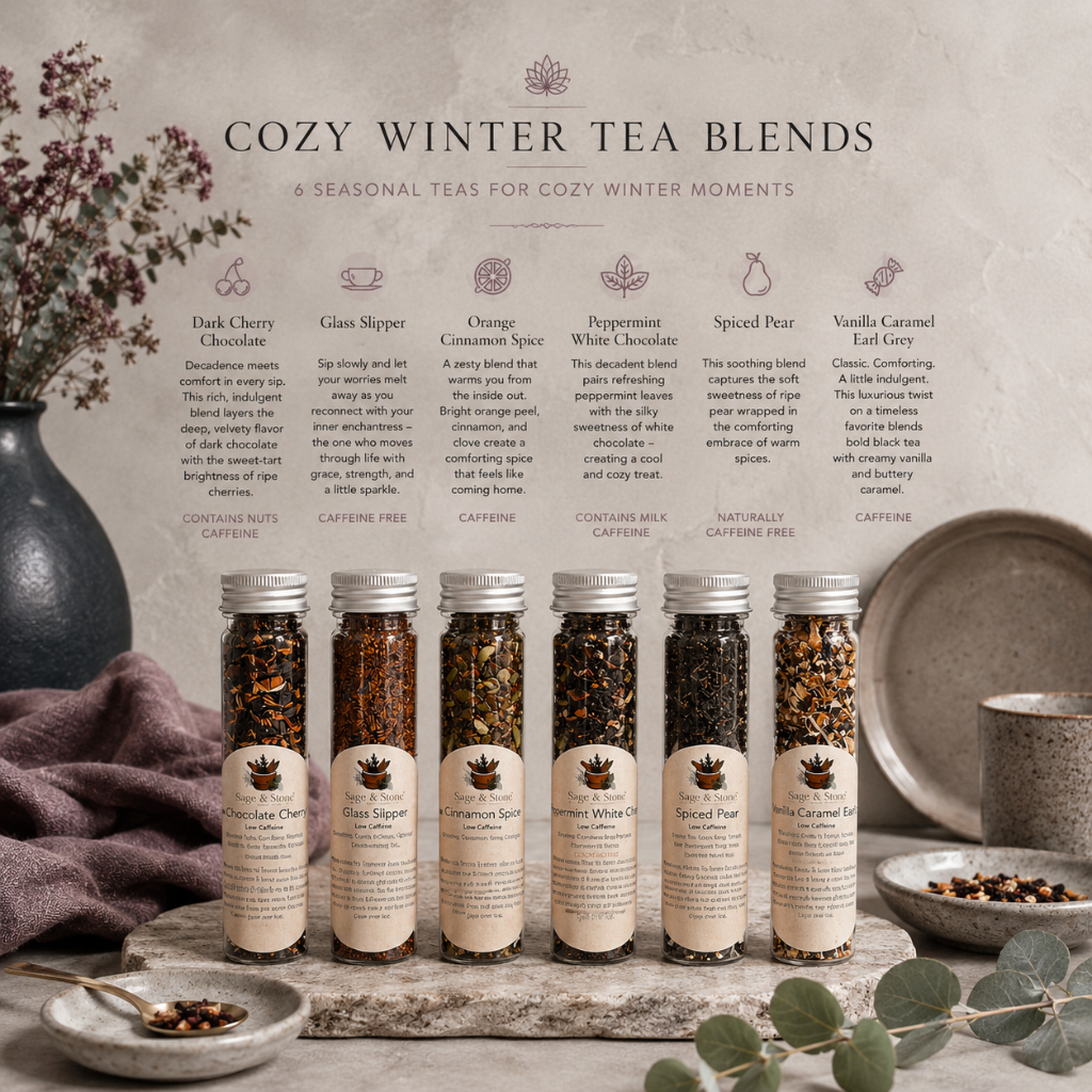 Cozy Winter Tea Sampler tubes displayed with seasonal blend descriptions, caffeine details, mauve linen, ceramics, and cool botanical accents. — for Carpe Diem Dream