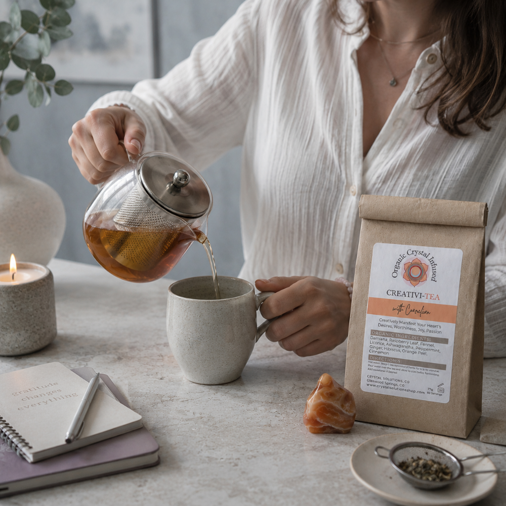 Creativi-Tea – Organic Crystal-Infused Herbal Tea with Carnelian shown in an authentic tea preparation moment with strained herbal tea being poured from a glass teapot into a ceramic cup, styled with natural stone, soft mauve accents, and cool diffused daylight. The product supports a calm creative ritual for inspiration and intentional living. — for Carpe Diem Dream