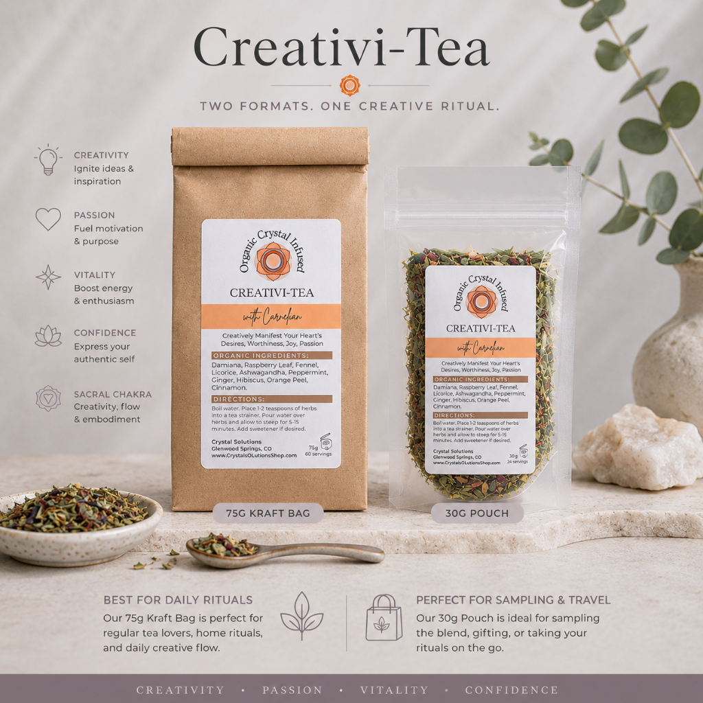 Creativi-Tea – Organic Crystal-Infused Herbal Tea with Carnelian displayed in both 75g kraft bag and 30g pouch formats in a premium editorial retail advertisement on natural limestone with a soft Roman Clay backdrop, elegant educational typography, and cool diffused daylight. The authentic product variants remain the focal point within a refined quiet-luxury comparison display. — for Carpe Diem Dream