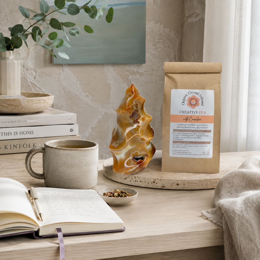 Creativi-Tea – Organic Crystal-Infused Herbal Tea with Carnelian styled within a quiet-luxury creative workspace with natural stone, pale wood, soft neutral textiles, journaling details, and cool diffused daylight. The authentic product supports an inspiring future vision of creativity, confidence, and intentional living. — for Carpe Diem Dream
