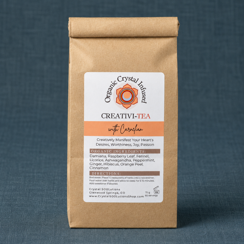 Creativi-Tea – Organic Crystal-Infused Herbal Tea with Carnelian displayed on a dark teal textured linen backdrop with matching linen surface, photographed in cool diffused daylight with soft natural shadows and premium commercial styling. The authentic product remains the sole focal point with no props. — for Carpe Diem Dream