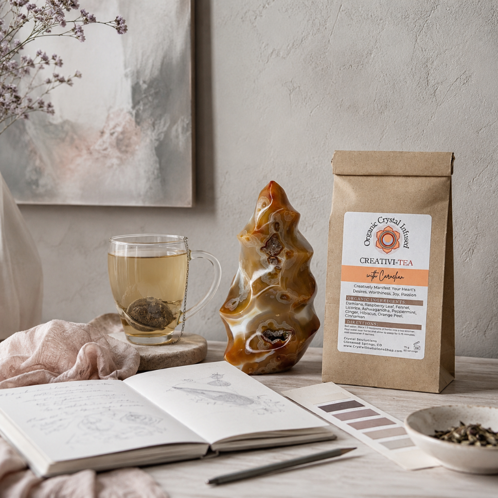 Creativi-Tea – Organic Crystal-Infused Herbal Tea with Carnelian styled in an artistic signature story scene with journaling, sketching, clear tea, natural stone, soft mauve textiles, and cool diffused daylight. The authentic product appears naturally within a quiet-luxury creative ritual that evokes inspiration, passion, and intentional living. — for Carpe Diem Dream