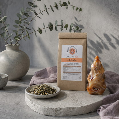 Creativi-Tea – Organic Crystal-Infused Herbal Tea with Carnelian displayed in the Carpe Diem Dream Botanical Studio on natural stone with Roman Clay walls, eucalyptus, matte ceramics, mauve linen, and soft diffused daylight. The authentic product remains the focal point within a refined quiet-luxury botanical setting. — for Carpe Diem Dream