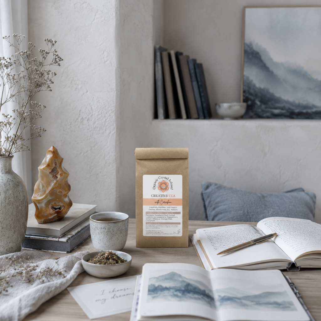 Creativi-Tea – Organic Crystal-Infused Herbal Tea with Carnelian styled in a serene creative ritual space with soft blue-gray accents, natural linen, pale wood, journaling details, cool diffused daylight, and quiet-luxury styling. The authentic product supports an atmosphere of inspiration, self-expression, and intentional living. — for Carpe Diem Dream