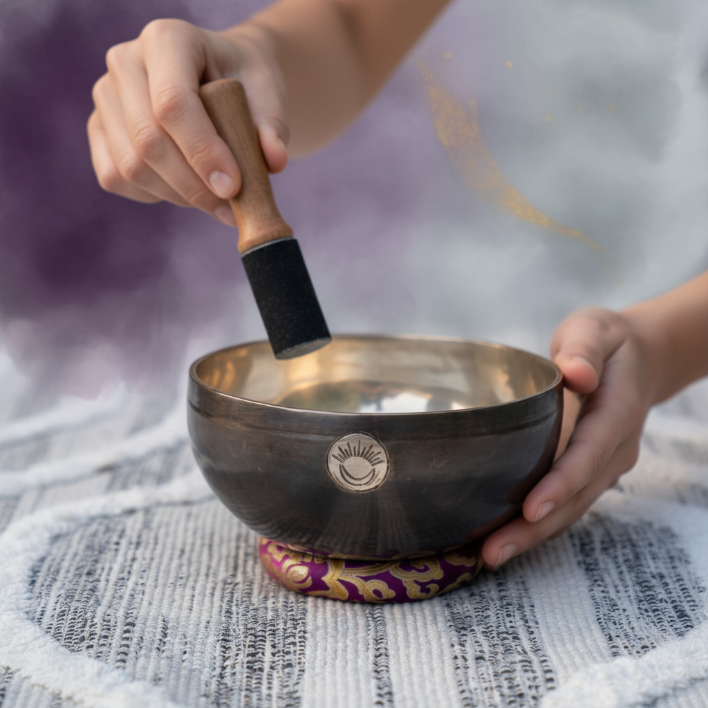 Person playing a Crown Chakra New Moon singing bowl with a wooden mallet to produce vibration and sound during a meditation ritual. — for Carpe Diem Dream