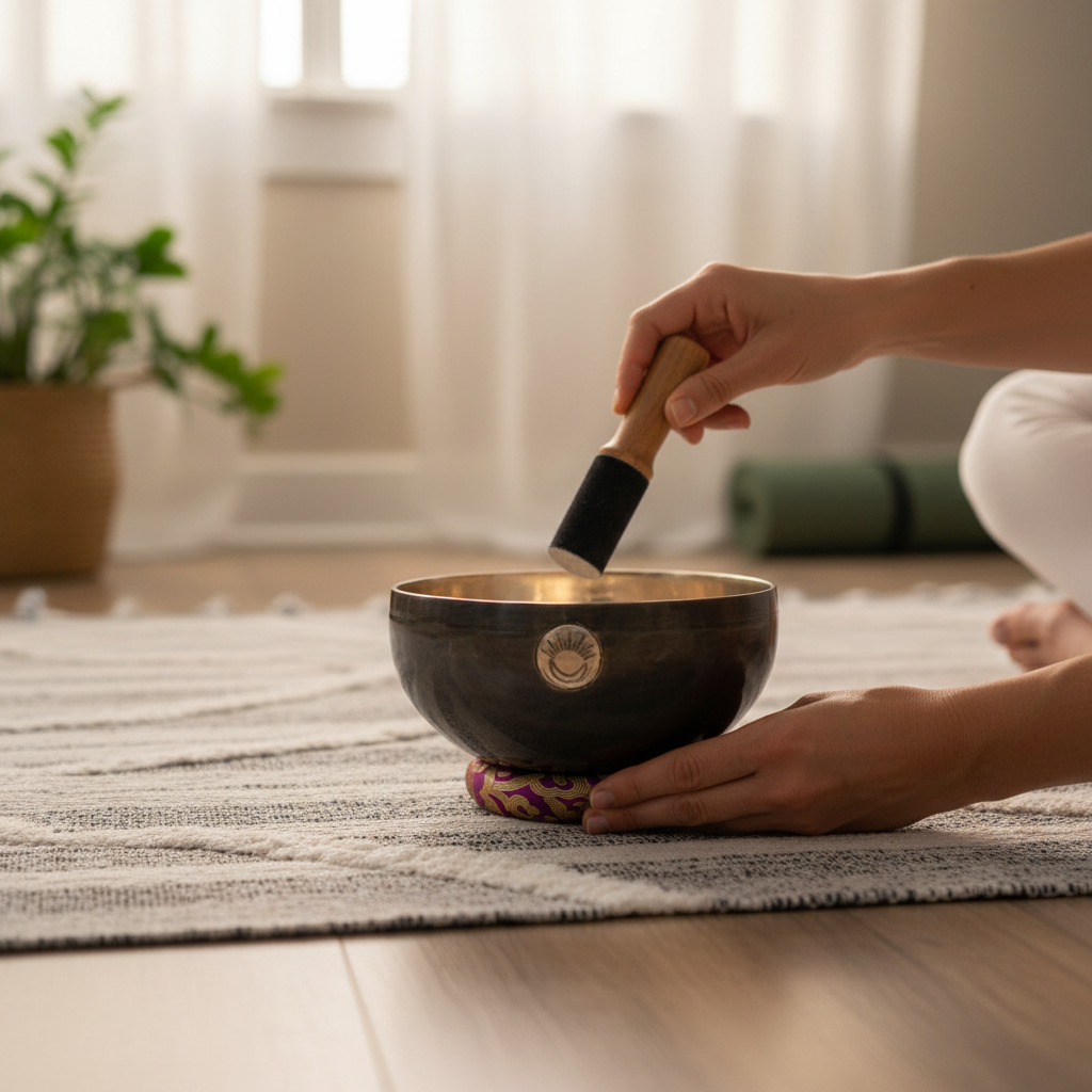Person gently playing a Crown Chakra New Moon singing bowl with a wooden mallet during meditation on a soft rug in a calm home sanctuary setting. — for Carpe Diem Dream