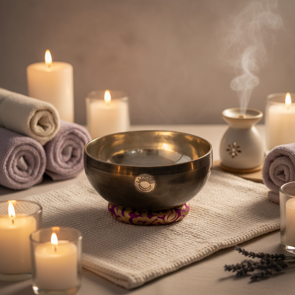 Crown Chakra New Moon singing bowl resting on a purple cushion in a calming ritual spa scene with candles, rolled towels, and incense smoke. — for Carpe Diem Dream