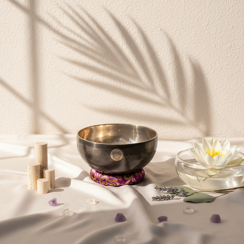 Hand-hammered Crown Chakra New Moon singing bowl tuned to B note resting on a purple cushion in a serene studio botanical scene with lotus flower, crystals, and soft sunlight shadows. — for Carpe Diem Dream