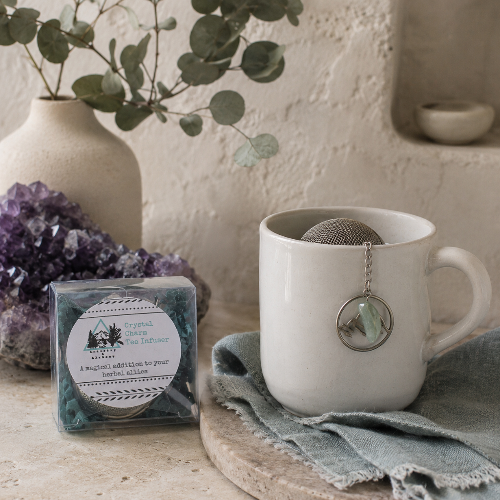 Crystal Charm Tea Infuser – authentic tea infuser styled in a quiet-luxury future lifestyle scene with a neutral ceramic mug, clear packaging, amethyst, eucalyptus, natural stone, soft blue-gray linen, Roman Clay textures, and cool diffused daylight. The product supports a peaceful mindful tea ritual within an aspirational wellness space. — for Carpe Diem Dream