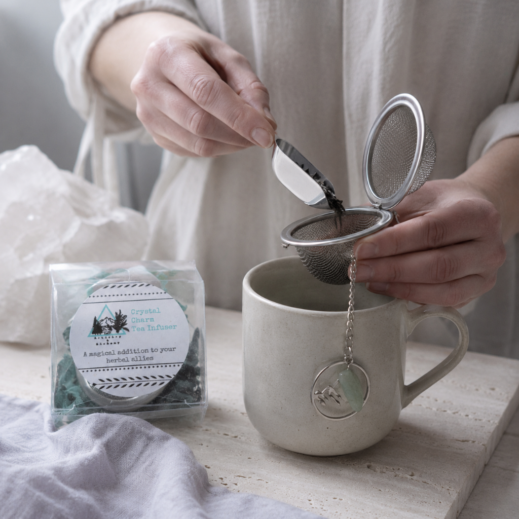 Crystal Charm Tea Infuser – authentic tea infuser shown in a natural preparation process with hands adding loose tea to the metal mesh strainer over a neutral ceramic mug, styled with clear packaging, natural stone, soft linen, and cool diffused daylight. — for Carpe Diem Dream