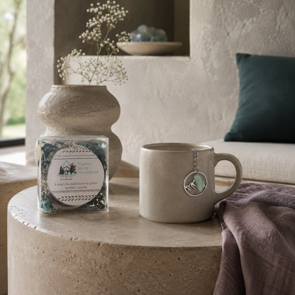 Crystal Charm Tea Infuser – authentic tea infuser styled in a serene quiet-luxury tea setting with a neutral ceramic mug, travertine surface, Roman Clay walls, mauve linen, dark teal accent pillow, and cool diffused daylight. The product supports an atmosphere of calm, beauty, and intentional living. — for Carpe Diem Dream