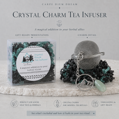 Crystal Charm Tea Infuser displayed in a premium educational retail composition with the authentic product details presented on a cool greige Roman Clay backdrop with limestone styling, soft diffused daylight, and quiet luxury commercial photography. — for Carpe Diem Dream