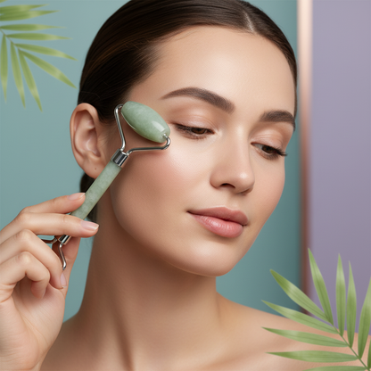 A woman using a green jade crystal face roller on her cheek against a soft colorful background with subtle botanical elements. — for Carpe Diem Dream