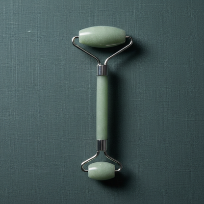A light green jade crystal face roller with dual rolling stones and a metal handle displayed upright on a muted teal linen background with soft lighting. — for Carpe Diem Dream