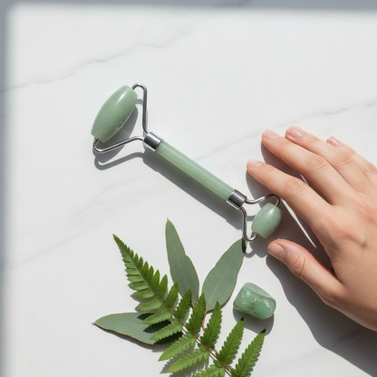 A green jade crystal face roller resting on a marble surface beside a hand with small green stones and leafy botanical accents. — for Carpe Diem Dream