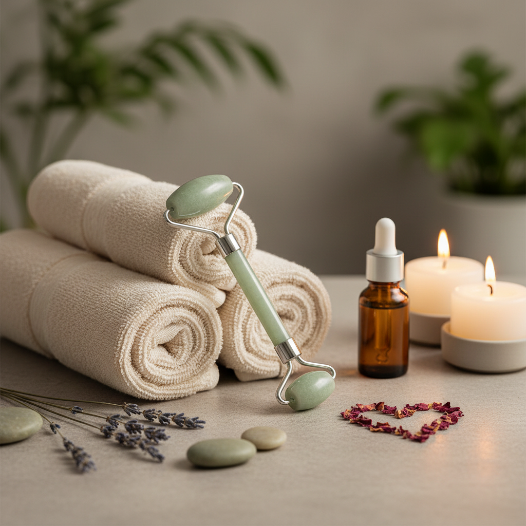 A green jade crystal face roller resting on folded towels beside candles, a glass dropper bottle, and spa elements in a calm setting. — for Carpe Diem Dream